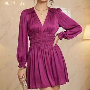 MAJE Rianne Satin Smocked Mini Dress Magenta Purple V-Neck Long Sleeve 34 XS